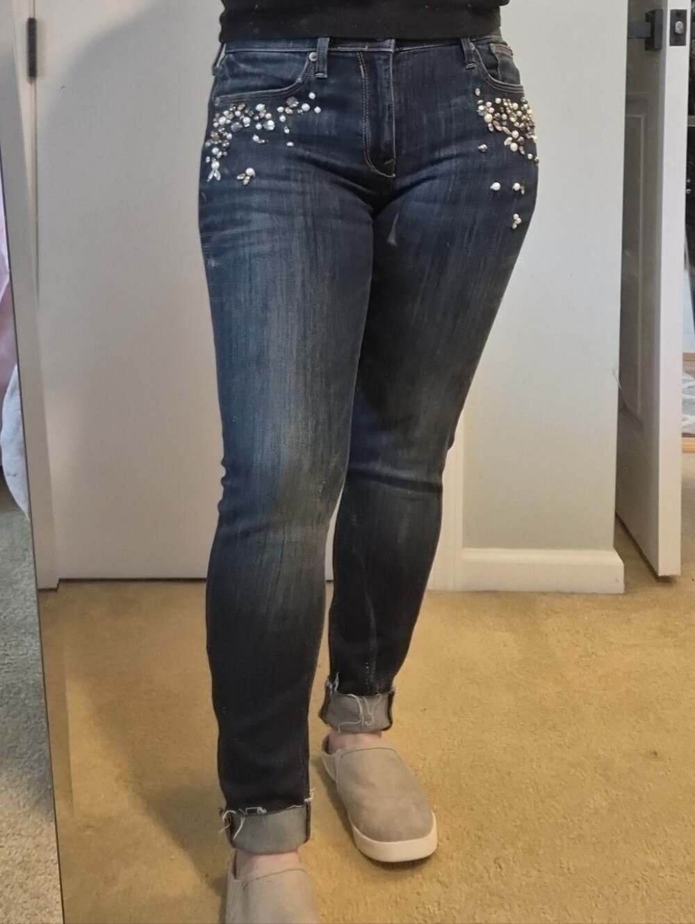 Express Dark Indigo Skinny Jeans with Pearl & Stud Detailing